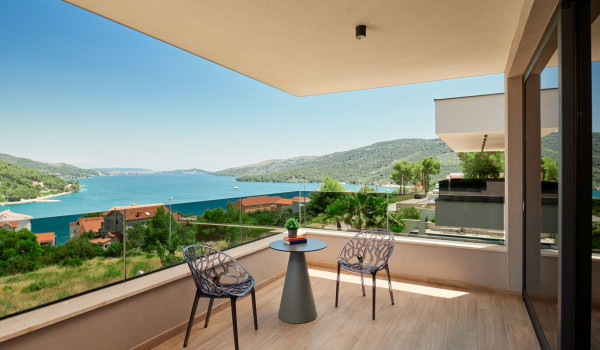 View of the sea and hills from the private balcony of the villa Thalia for rent and vacation in Marina near Trogir