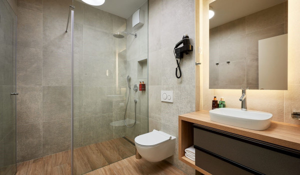Interior of the elegantly decoratedd bathroom with a walk in shower, toilet, washbasin, mirror and toiletriesin the villa Thalia