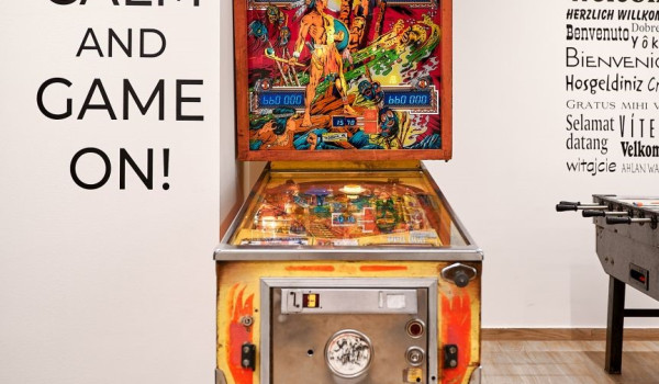 Pinball machine in the game room of the luxurioud villa for family holiday Thalia with an indoor pool