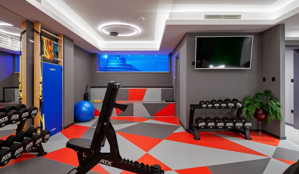 Fully equipped home gym with various exercise machines and SAT TV in the villa Thalia in Marina