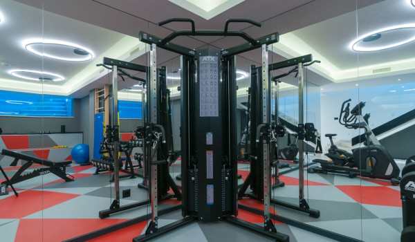 Private home gym with exercise equipment in the basement of the modern villa for rent and vacation