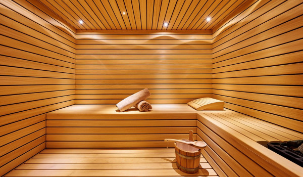 A private sauna in the spa area of the villa for family vacations Thalia with pool and gym in Marina