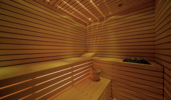 Sauna with towels provided in the spa area of the modern villa for rent and vacation in Marina