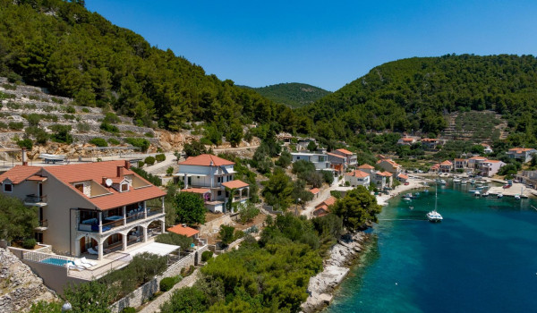 Aerial view of luxury beachfront Croatian villa Korcula Magnificent with private heated pool, jacuzzi and sauna