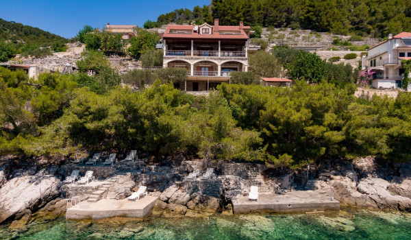 Aerial view of luxury beachfront Croatian villa Korcula Magnificent with private heated pool, jacuzzi and sauna