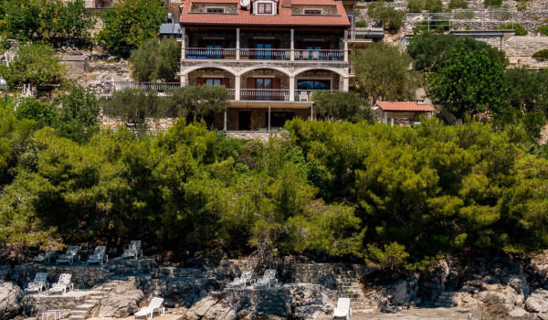 Aerial view of luxury beachfront Croatian villa Korcula Magnificent with private heated pool, jacuzzi and sauna