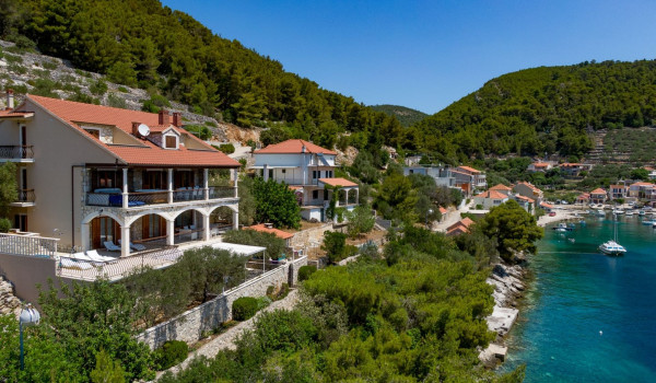 Aerial view of luxury beachfront Croatian villa Korcula Magnificent with private heated pool, jacuzzi and sauna