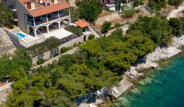 Aerial view of luxury beachfront Croatian villa Korcula Magnificent with private heated pool, jacuzzi and sauna