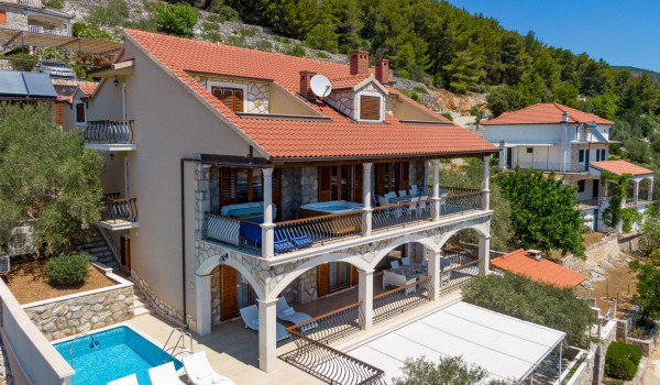 Aerial view of luxury beachfront Croatian villa Korcula Magnificent with private heated pool, jacuzzi and sauna