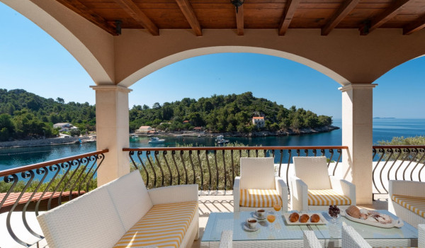 Seating area perfect for breakfast with sea view on the terrace of the luxury family villa on Korcula island with concierge service
