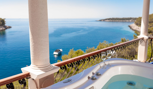 Jacuzzi with sea view on the balcony of the luxury holiday villa on Korcula with concierge service and private parking