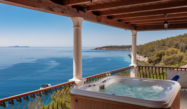 Jacuzzi with sea view on the balcony of the luxury holiday villa on Korcula with concierge service and private parking