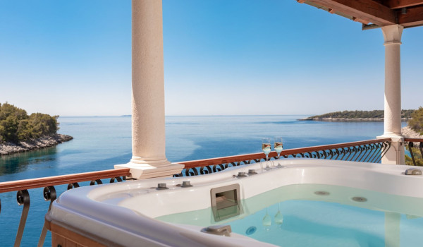 Jacuzzi with sea view on the balcony of the luxury holiday villa on Korcula with concierge service and private parking