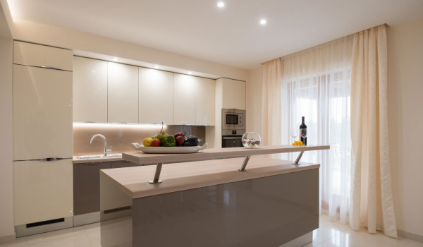 Elegant fully equipped kitchen in the luxury villa for family vacation by the sea on Korcula island
