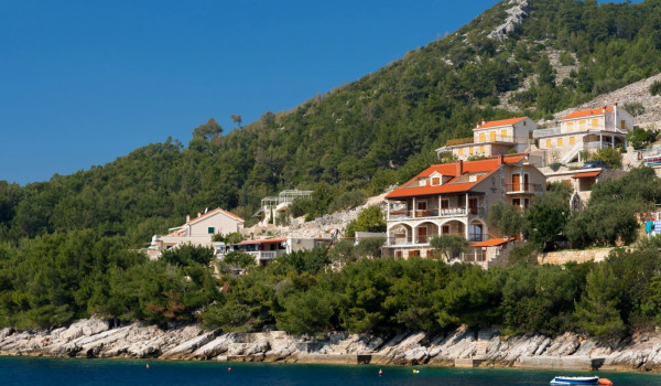 Aerial view of Luxury beachfront villa Korcula Magnificent with private heated pool, jacuzzi and sauna