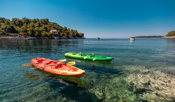 Free of charge kayaks in the sea in front of the luxury beachfront villa for family vacation on Korcula island