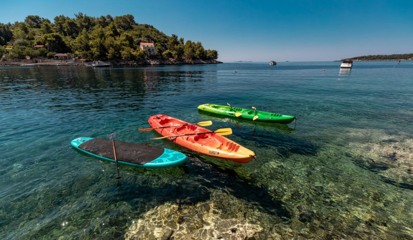 Free of charge kayaks in the sea in front of the luxury beachfront villa for family vacation on Korcula island