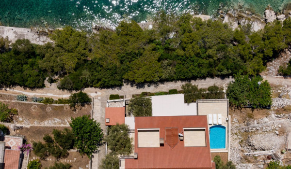 Aerial view of Luxury beachfront villa Korcula Magnificent with private heated pool, jacuzzi and sauna