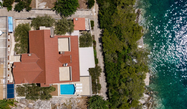 Aerial view of Luxury beachfront villa Korcula Magnificent with private heated pool, jacuzzi and sauna