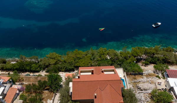 Aerial view of Luxury beachfront villa Korcula Magnificent with private heated pool, jacuzzi and sauna