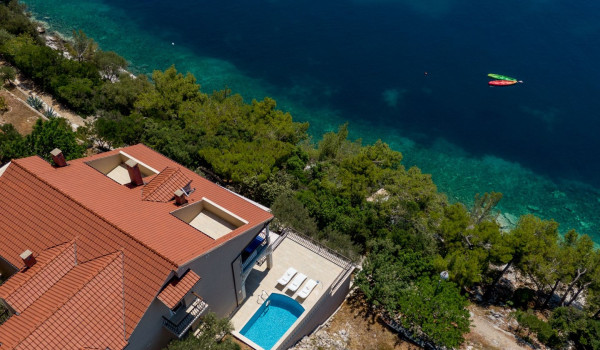 Aerial view of Luxury beachfront villa Korcula Magnificent with private heated pool, jacuzzi and sauna