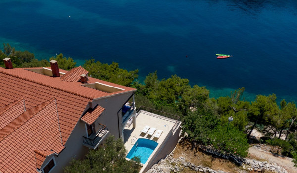 Aerial view of Luxury beachfront villa Korcula Magnificent with private heated pool, jacuzzi and sauna