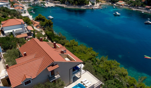 Aerial view of Luxury beachfront villa Korcula Magnificent with private heated pool, jacuzzi and sauna