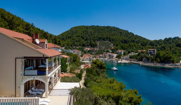 Aerial view of Luxury beachfront villa Korcula Magnificent with private heated pool, jacuzzi and sauna