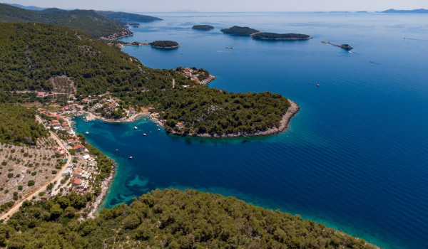 Aerial view of Luxury beachfront villa Korcula Magnificent with private heated pool, jacuzzi and sauna
