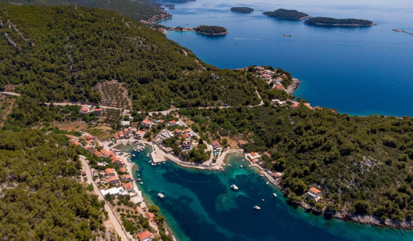Aerial view of Luxury beachfront villa Korcula Magnificent with private heated pool, jacuzzi and sauna