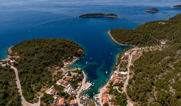 Aerial view of Luxury beachfront villa Korcula Magnificent with private heated pool, jacuzzi and sauna