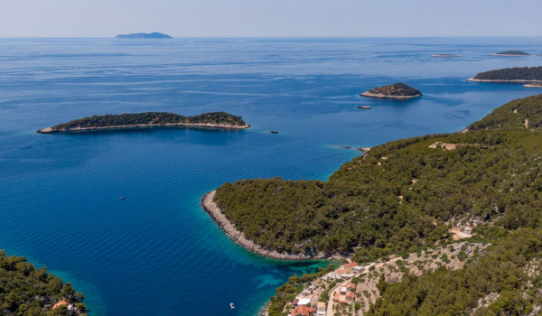 Aerial view of Luxury beachfront villa Korcula Magnificent with private heated pool, jacuzzi and sauna