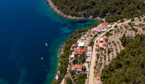 Aerial view of Luxury beachfront villa Korcula Magnificent with private heated pool, jacuzzi and sauna