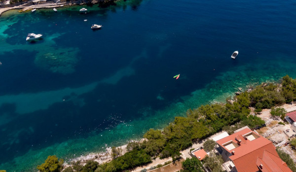 Aerial view of Luxury beachfront villa Korcula Magnificent with private heated pool, jacuzzi and sauna