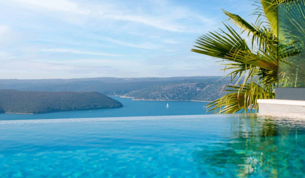 Beautiful crystal clear sea view of Adriatic sea from the heated pool in istrian luxury villa for vacation