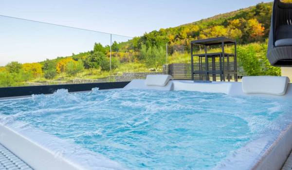 Beautiful mountain view from private hot tub in istrian luxury villa for vacation