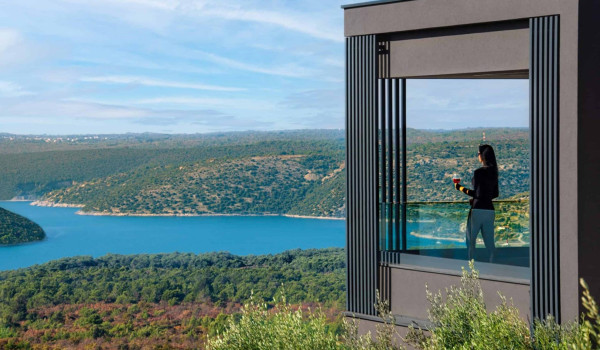 Beautiful crystal clear sea view of Adriatic sea from the heated pool in istrian luxury villa for vacation
