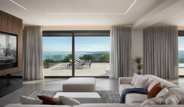 Open space  concept of first floor that consists of living room, dining room and kitchen in istrian luxury villa for family and vacation