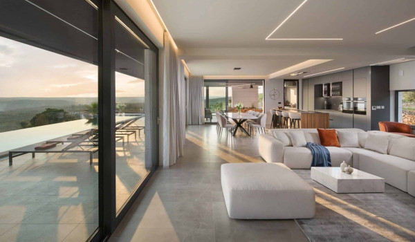 Open space  concept of first floor that consists of living room, dining room and kitchen in istrian luxury villa for family and vacation