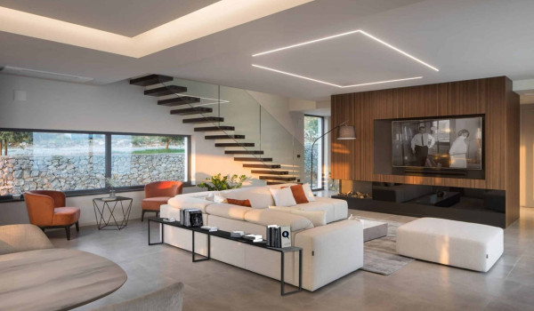 Open space  concept of first floor that consists of living room, dining room and kitchen in istrian luxury villa for family and vacation
