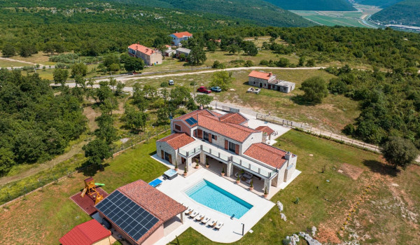 Aerial view of the Istrian luxury villa for vacation and rent in the Istrian town of Hrboki next to the town of Rakalj