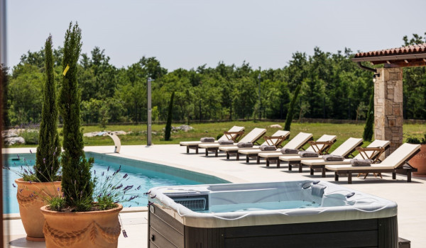View of the private heated pool, jacuzzi for 5 people, comfortable lounge chairs for relaxing by the pool