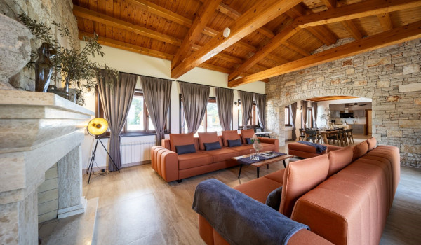 Spacious and modernly decorated living room with comfortable sofas and a white fireplace