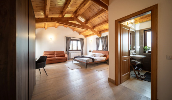 Luxurious, spacious bedroom with king-size bed and en-suite bathroom with walk-in shower