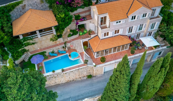 Aerial view of the luxury beachfront villa Dubrovnik Palace with private pool and jacuzzi in Dubrovnik