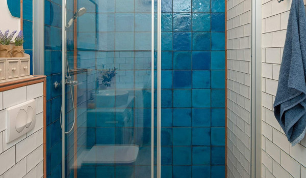 Spacious bathroom with shower in luxury beachfront villa on Vis for vacation and rent with jacuzzi.