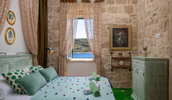 Sea view in bedroom of luxury private villa Lighthouse Ligero on Vis by the sea for total privacy.