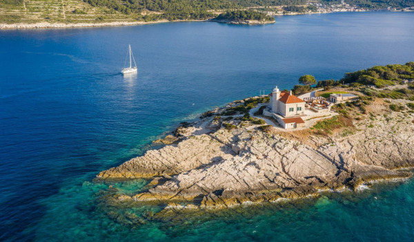 Panoramic view of Vis luxury private villa Lighthouse Ligero by the sea for vacation and rent.