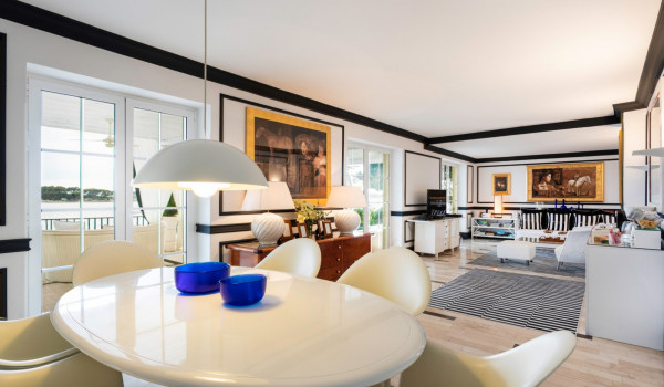 Open space living and dining room of the modern vacation villa in Dubrovnik