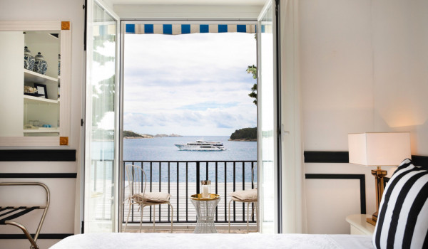 View of the sea from the bedroom of the luxury Dubrovnik villa for vacation and rent